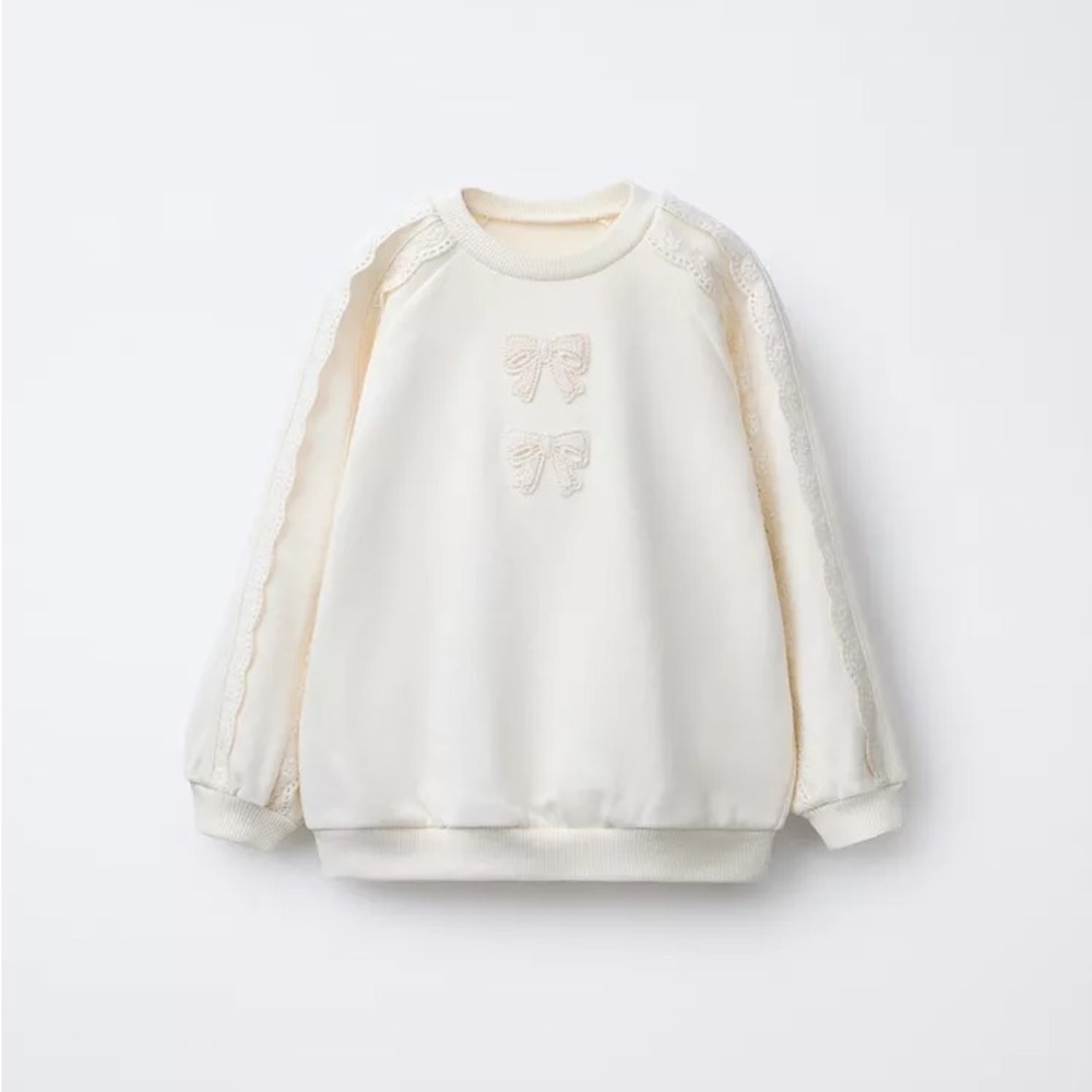 Zara Kids Girls Toddler Bows Lace Long Sleeve White Sweatshirt